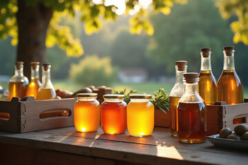 Artisanal honey jars and olive oil bottles arranged on wooden crate outdoors. Natural organic products including honey, oil in glass containers with scenic countryside background.