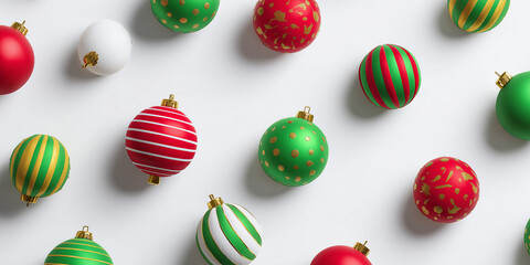 colorful collection of decorative Christmas balls, arranged on a smooth white surface, featuring gray and white tones, flat design aesthetic,