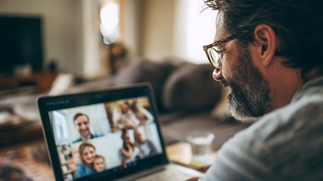 A man in eyeglasses in video meeting with his family in computer. he seems smile and enjoy this moment
