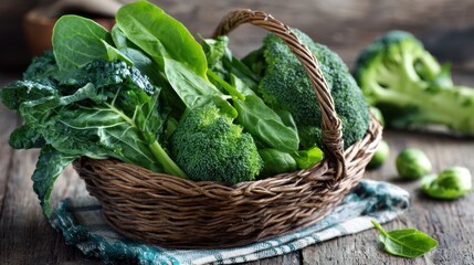 Fresh green vegetables in a woven basket on rustic wooden table