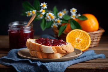 Delicious jam toast with fresh oranges rustic kitchen food photography cozy setting