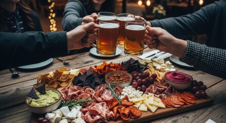 Friends toasting beers with charcuterie board
