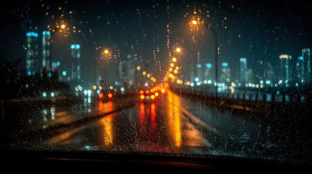 Rainy night city drive: blurred lights through a wet car windshield