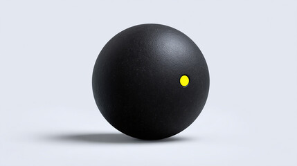 A solitary squash ball, a minimalist study in shape and texture. The dark orb is punctuated by a single, vibrant dot