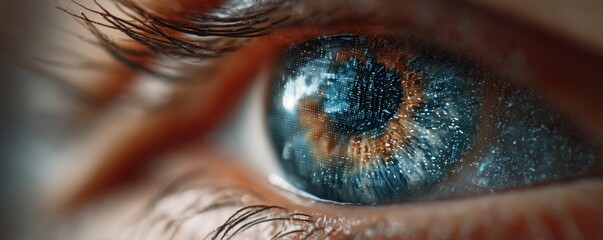 Closeup image of an eye with digital blue and white graphics for a futuristic tech aesthetic