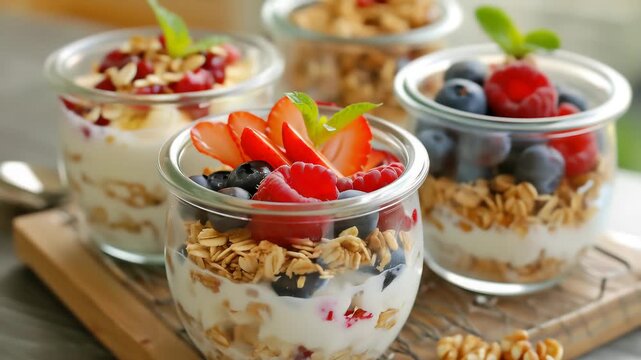 yogurt to various jars and dishes, try a variety of toppings and always include large container in shot, food, dessert, sweet, fresh, dairy, delicious, breakfast, fruit, organic