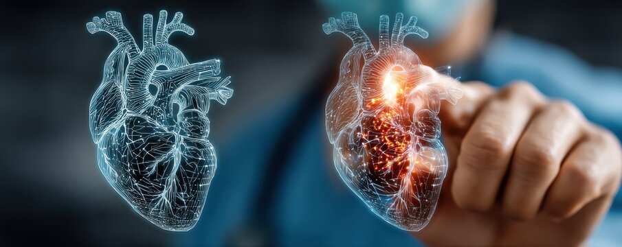 Doctor in blue scrubs touches digital heart hologram with finger in futuristic medical scene