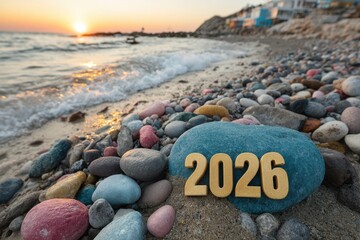 Ice numbers forming 2020 on a sunlit beach with colorful stones at sunset
