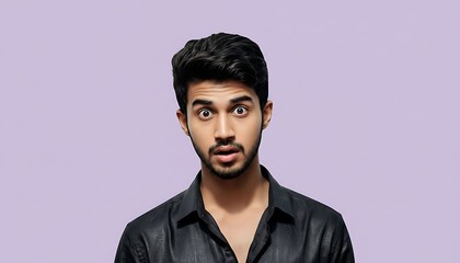 Obraz premium Stunned young man with wide eyes showcasing shock and surprise against a light purple backdrop, conveying a moment of disbelief and astonishment