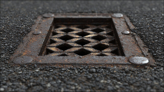 An old and weathered, square metal sewer grate set in a dark paved surface