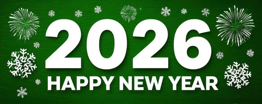 Happy New Year 2026 on a green background with fireworks and snowflakes for a festive stock image