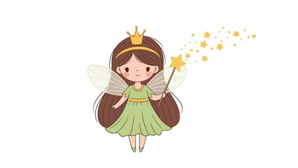 Cute cartoon fairy with a magic wand and sparkling stars, dressed in a green dress and crown, with delicate wings, illustration for children's stories and fantasy themes