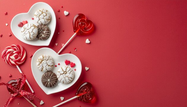 Valentine's Day atmosphere concept. Top view photo of heart shaped plates with confectionery candies cookies and lollipops on isolated red background with copyspace in the middle