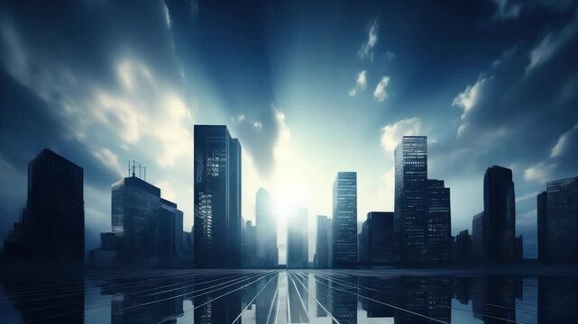 Modern office building or business center. High-rise window buildings made of glass reflect the clouds and the sunlight. empty street outside  wall modernity civilization. growing up business