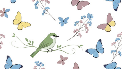 Whimsical Pattern with Butterflies, Bird, and Delicate Floral Accents