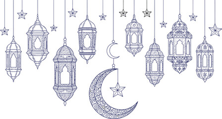 Hand drawn ramadan lanterns and crescent moon decoration for islamic holiday