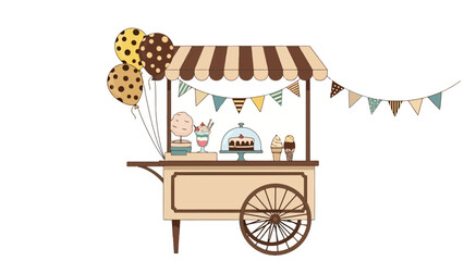 Charming illustrated dessert cart with a striped awning, festive balloons, and sweet treats for a happy celebration