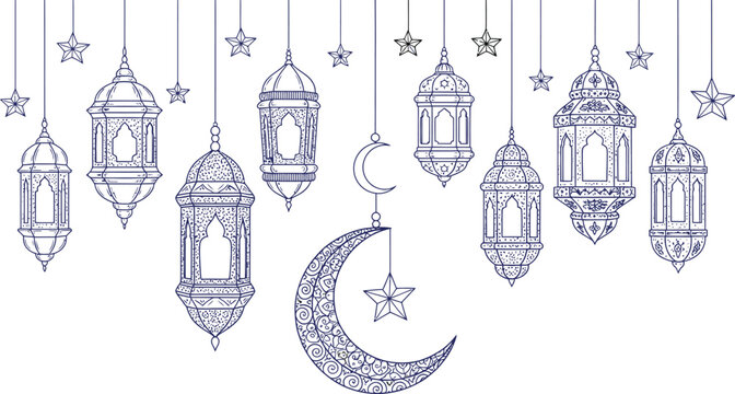 Hand drawn ramadan lanterns and crescent moon decoration for islamic holiday