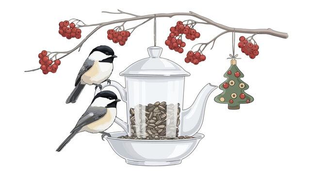 Festive Bird Feeder Teapot with Chickadees and Rowan Berries