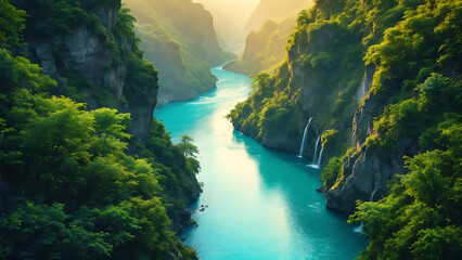 Vibrant turquoise river cutting through a lush forest valley landscape