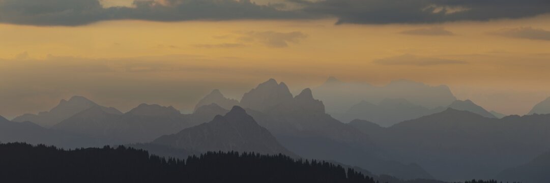 Mountain panorama from Gr&uuml;nten, 1783m, to the Tannheim mountains, Allg&auml;u Alps, Tyrol, Austria