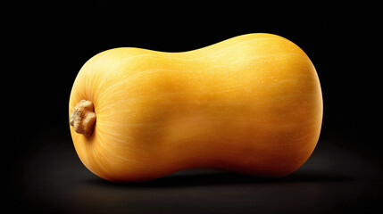 A close-up shot of a butternut squash against a dark background, highlighting the squash's texture and color