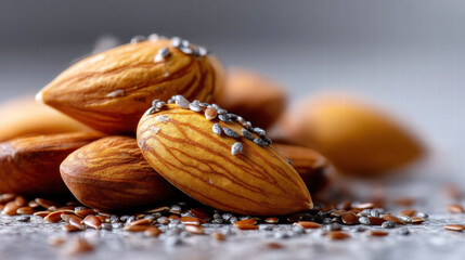 Almonds with chia seeds and flaxseed provide biotin supplement alternatives diet for healthy nutrition and natural energy boost