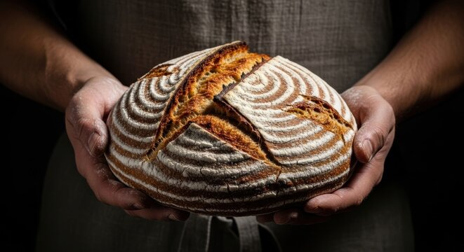 Baker holds artisan sourdough bread with flour - Powered by Adobe