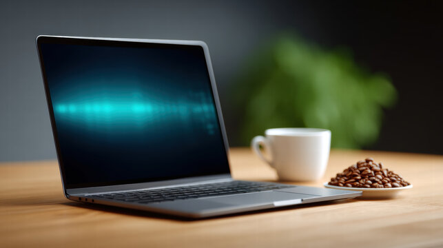 Blockchain in coffee export tracking technology displayed on laptop with coffee cup and beans on wooden table - Powered by Adobe