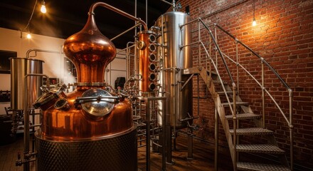 Copper distillery equipment and stainless steel tanks