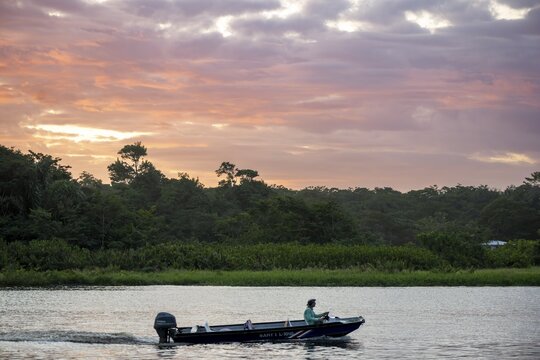 Motorboat in the Tortuguero River at sunset, tropical rainforest, Tortuguero National Park, Costa Rica