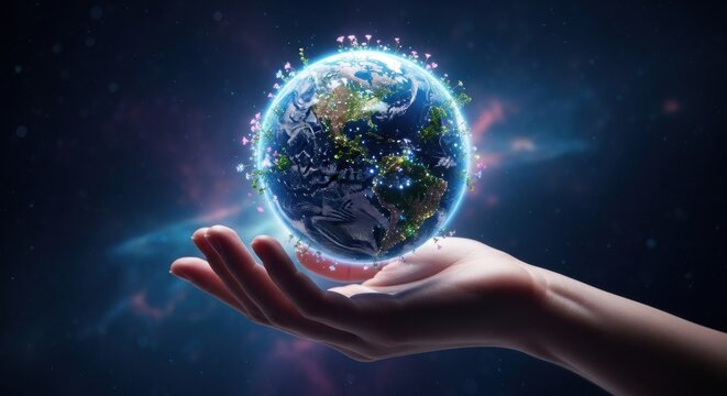 Hand holding Earth with blooming flowers and lights