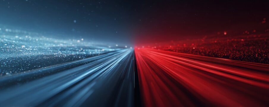 Split-screen blue and red light trails create a futuristic, high-speed data concept - Powered by Adobe