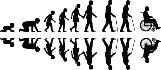 Human life cycle silhouettes, aging stages, baby to elderly, development phases, growth timeline, symbolic aging concept, black illustration, flat vector