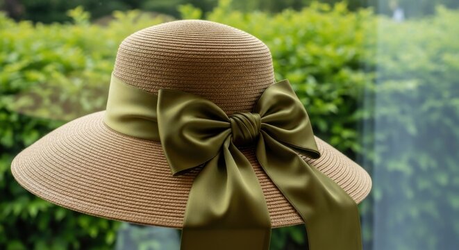 Elegant Straw Hat with Green Ribbon Bow - Powered by Adobe