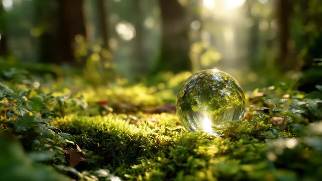 Environment Concept, ball is surrounded by green grass and trees, creating a peaceful and serene atmosphere. The sunlight is shining on the ball