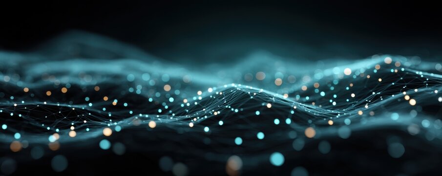 Abstract digital network background with glowing connected dots and blue waves - Powered by Adobe