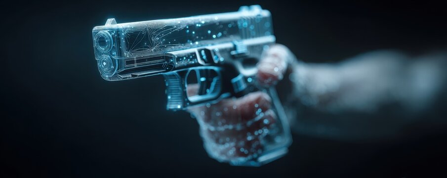 Futuristic digital gun held in a gloved hand with blue glow against a dark background - Powered by Adobe