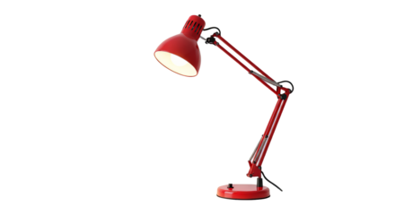 Red architect lamp illuminates a showcasing its adjustable design and bright light for task lighting and modern decor applications on transparent background