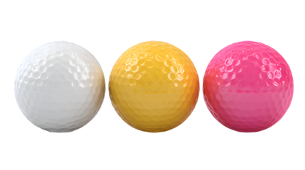 Three colorful golf ball in white yellow and pink isolated on transparent background , ai generated image.