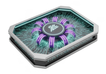 Futuristic circuit board with glowing cpu chip and purple ribbons isolated on transparent background for technology concepts