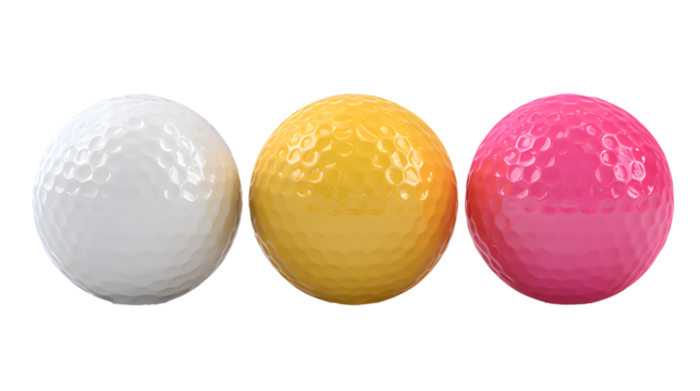 Three colorful golf ball in white yellow and pink isolated on transparent background , ai generated image.