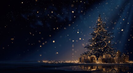 Festive Radiance: An illuminated Christmas tree adorned with twinkling lights stands majestically amidst softly falling snow and presents, evoking the warm embrace of the holiday season.