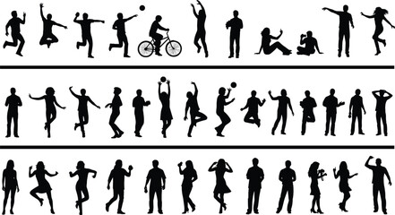 Human silhouette poses, jumping, dancing, cycling, sitting, photography, sports action, expressive gestures, motion diversity, black illustration, flat vector