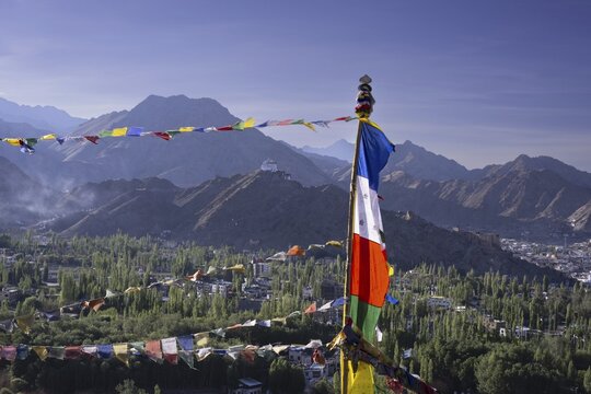 Panorama over Leh and the Namgyal Tsemo Gompa monastery on Tsenmo Hill, a viewpoint over Leh, Ladakh, Jammu and Kashmir, India
