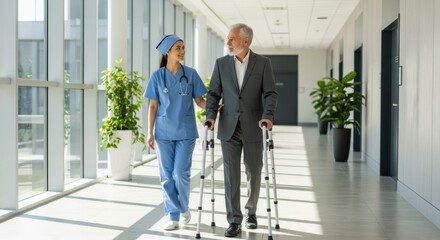 Nurse Assists Elderly Man with Crutches in Hospital Corridor
