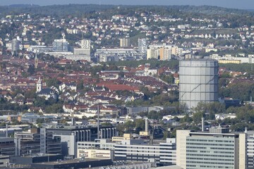 View of the Daimler plant in Untertürkheim, behind it the EnBW gas boiler, Stuttgart, Baden-Württemberg, Germany