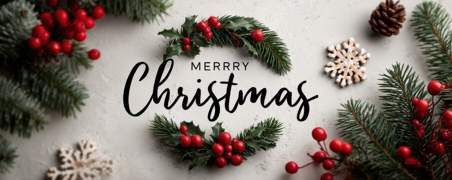 Merry Christmas wall decor with holly, red berries, and snowflakes for festive holiday ambience