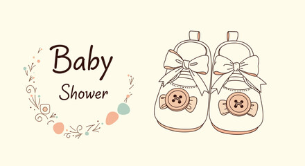 Cute baby shower invitation design with hand-drawn baby booties adorned with bows and buttons, surrounded by a delicate floral wreath.