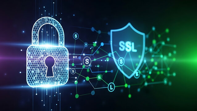 SSL security concept with secure socket layer encryption, data protection, secure connection and website security technology
